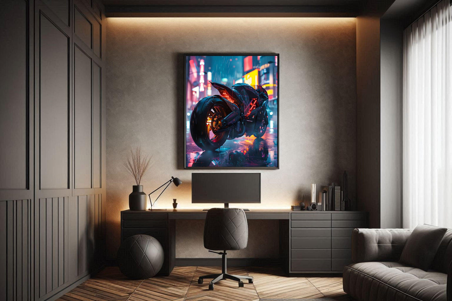 🏍️🏁🔧 Moto Cyberpunk Série futuriste #️⃣2  - (Affiche encadrée métal) - Aura Studio Déco