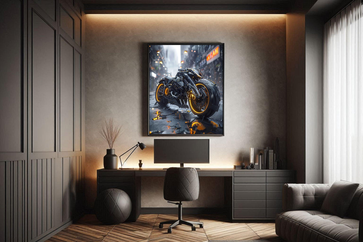 🏍️🏁🔧 Moto Cyberpunk Série futuriste #️⃣8  - (Affiche encadrée métal) - Aura Studio Déco
