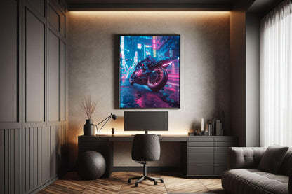 🏍️🏁🔧 Moto Cyberpunk Série futuriste #️⃣3  - (Affiche encadrée métal) - Aura Studio Déco
