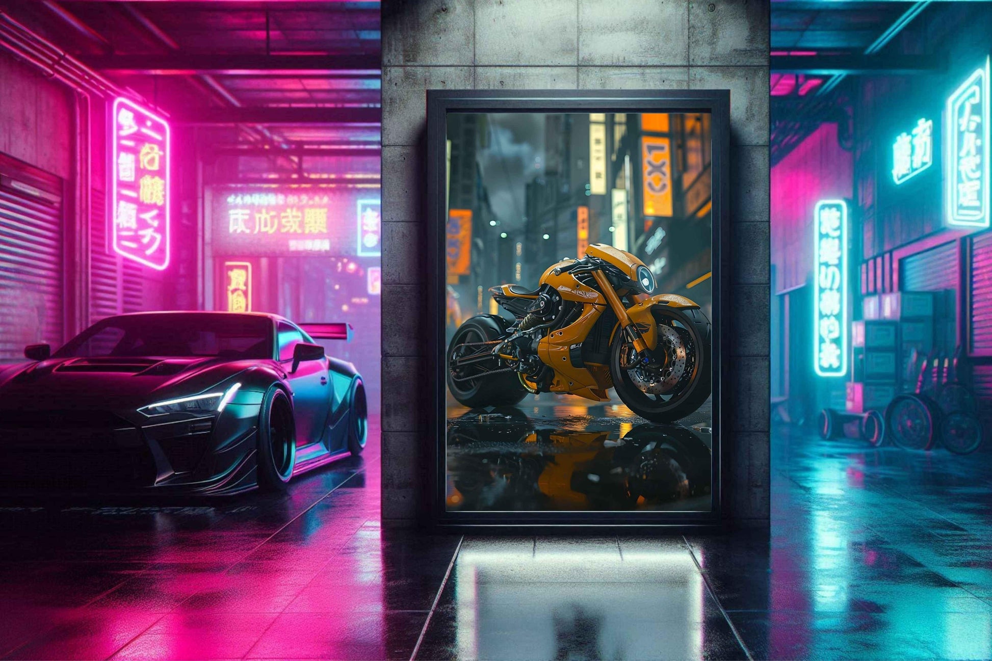 🏍️🏁🔧 Moto Cyberpunk Série futuriste #️⃣1  - (Affiche encadrée métal) - Aura Studio Déco