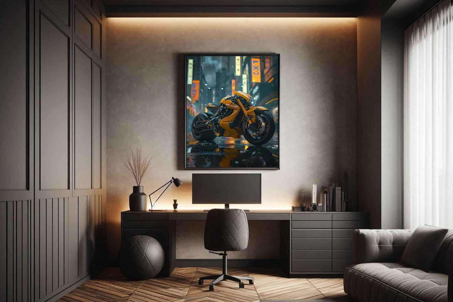 🏍️🏁🔧 Moto Cyberpunk Série futuriste #️⃣1  - (Affiche encadrée métal) - Aura Studio Déco