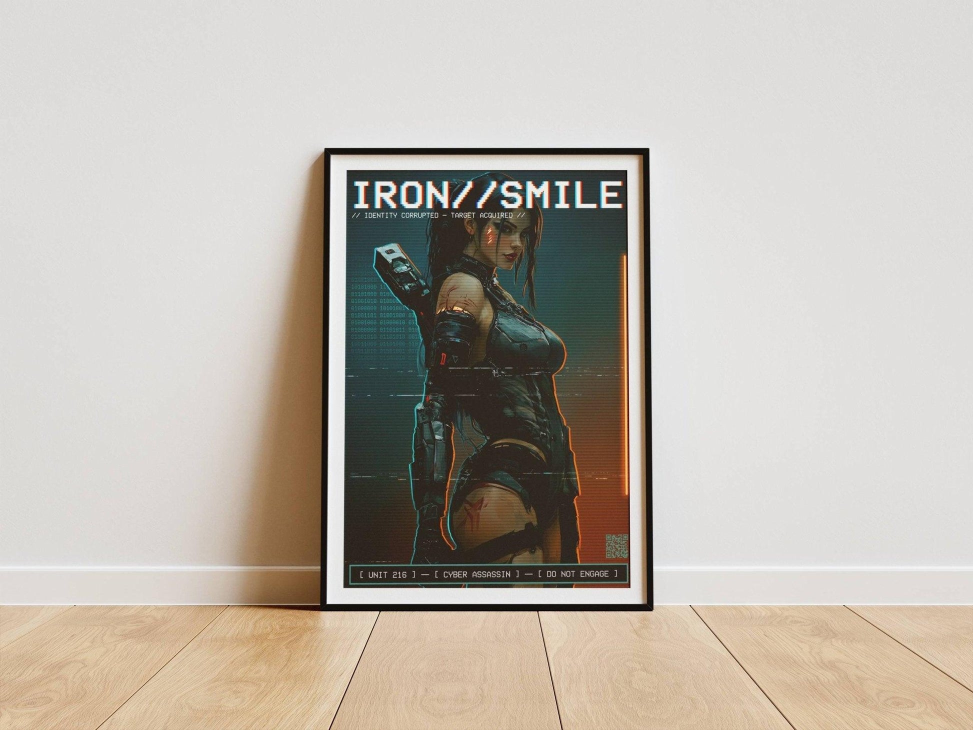 ☣️🧬 Série limitée Art Cyberpunk - Poster Cybergirl Iron Smile Neon - Aura Studio Déco