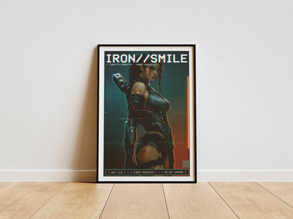 ☣️🧬 Série limitée Art Cyberpunk - Poster Cybergirl Iron Smile Neon - Aura Studio Déco