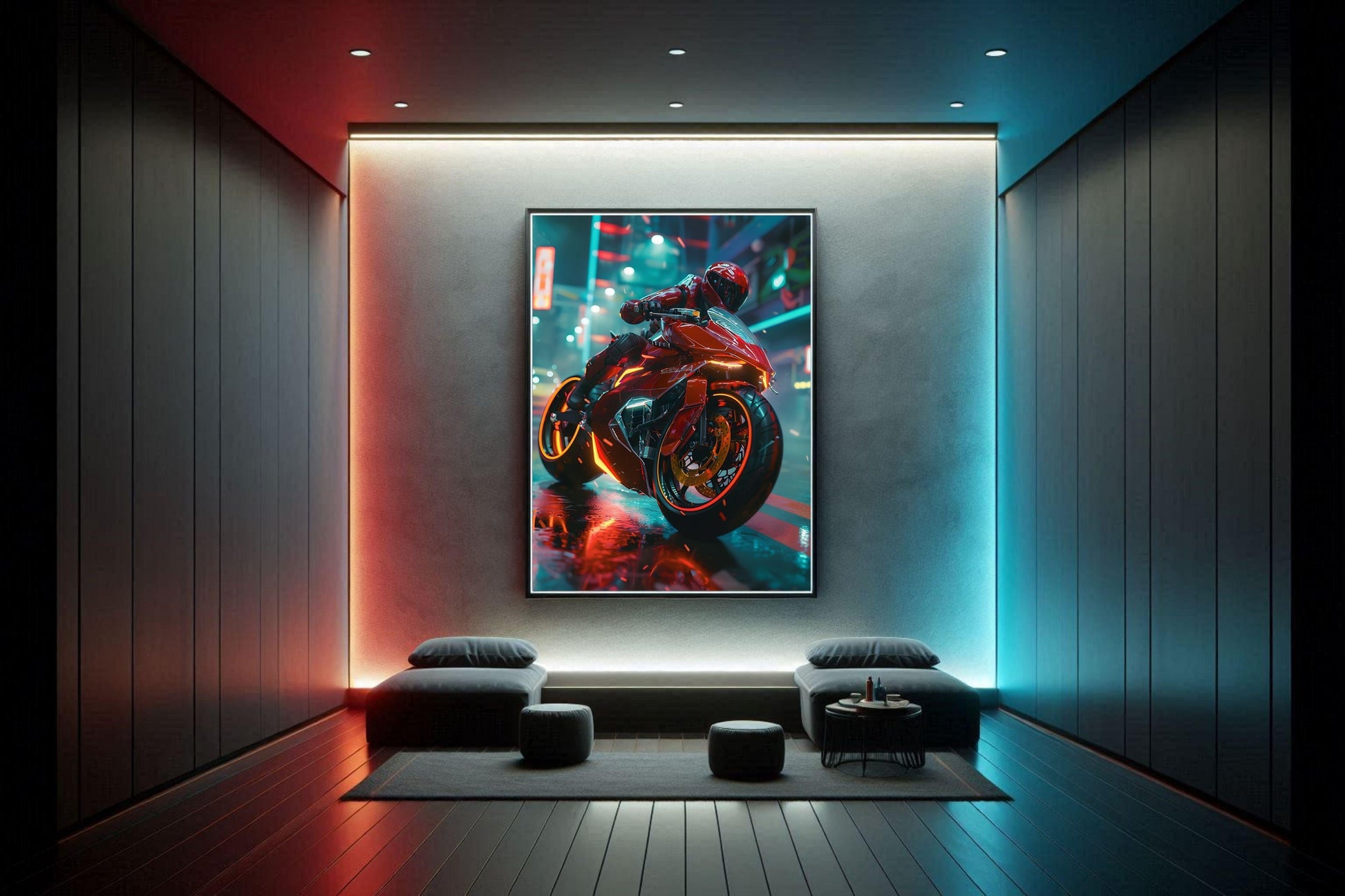 🏍️🏁🔧 Moto Cyberpunk Série futuriste #️⃣7  - (Affiche encadrée métal) - Aura Studio Déco