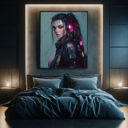🌃🎮🌐🧬 Affiche Cyber Girl #37 – Art Mural Cyberpunk Futuriste - Aura Studio Déco