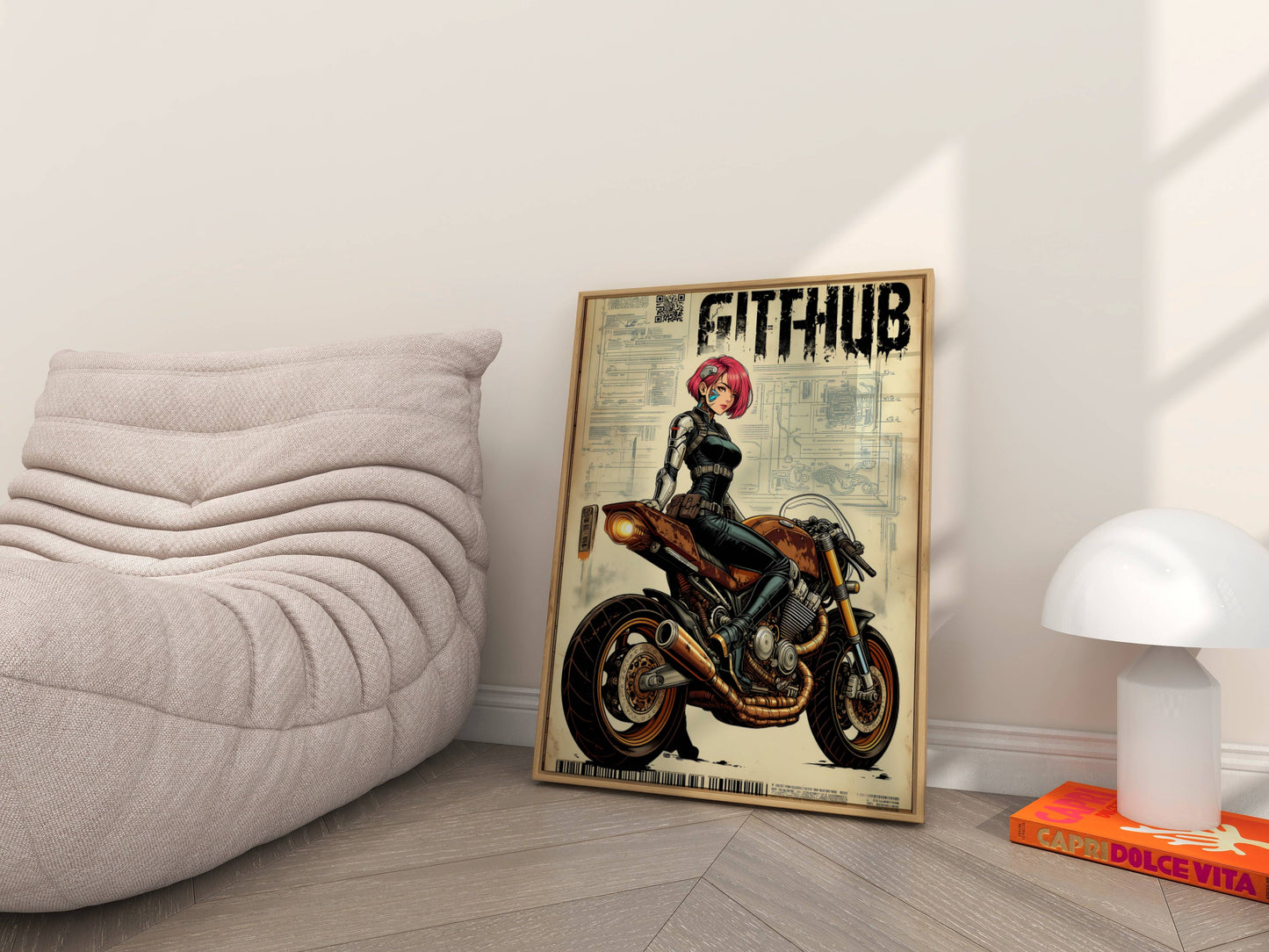 Affiche cyberpunk motarde #5 – illustration futuriste moto