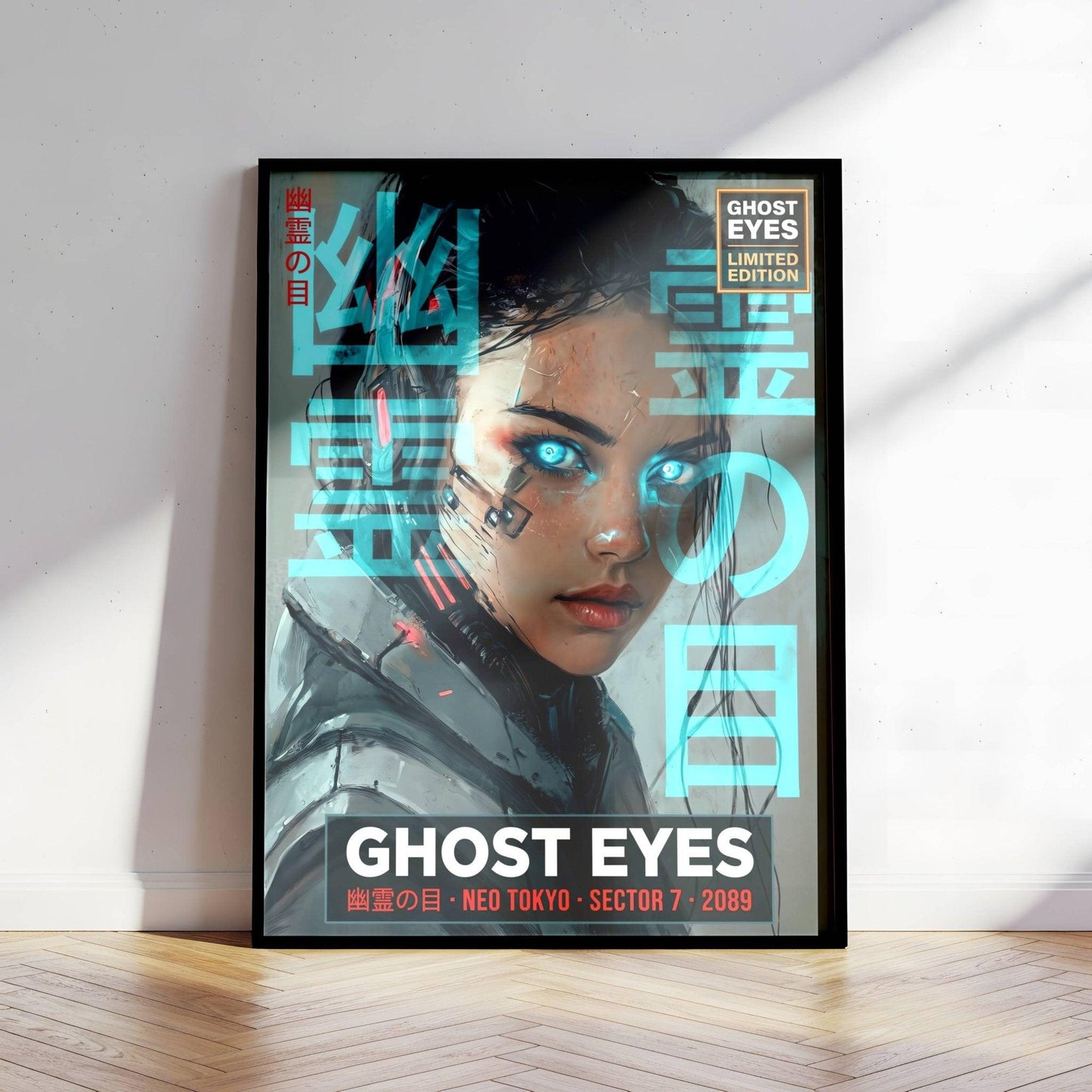 ☣️🧬 Série limitée Art Cyberpunk - Poster Cybergirl Ghost Eyes - Aura Studio Déco