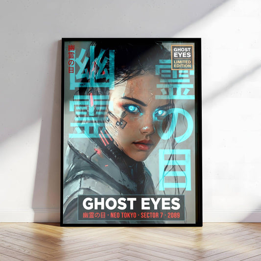 ☣️🧬 Série limitée Art Cyberpunk - Poster Cybergirl Ghost Eyes - Aura Studio Déco