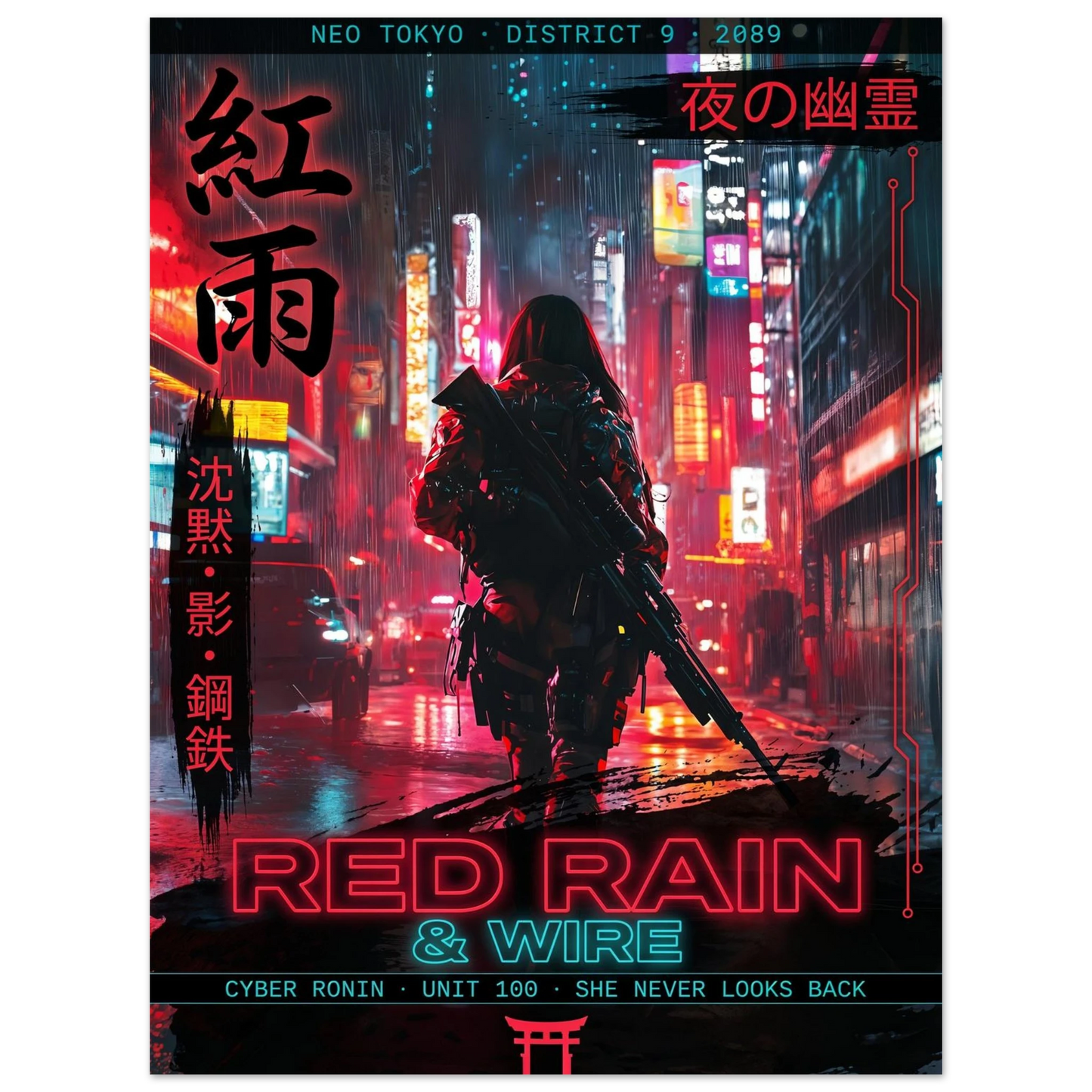 ☣️🧬 Série limitée Art Cyberpunk - Poster Cybergirl Red Rain - Aura Studio Déco