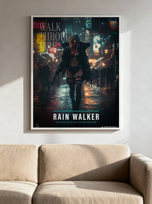 ☣️🧬 Série limitée Art Cyberpunk - Poster Cybergirl Rain Walker - Aura Studio Déco