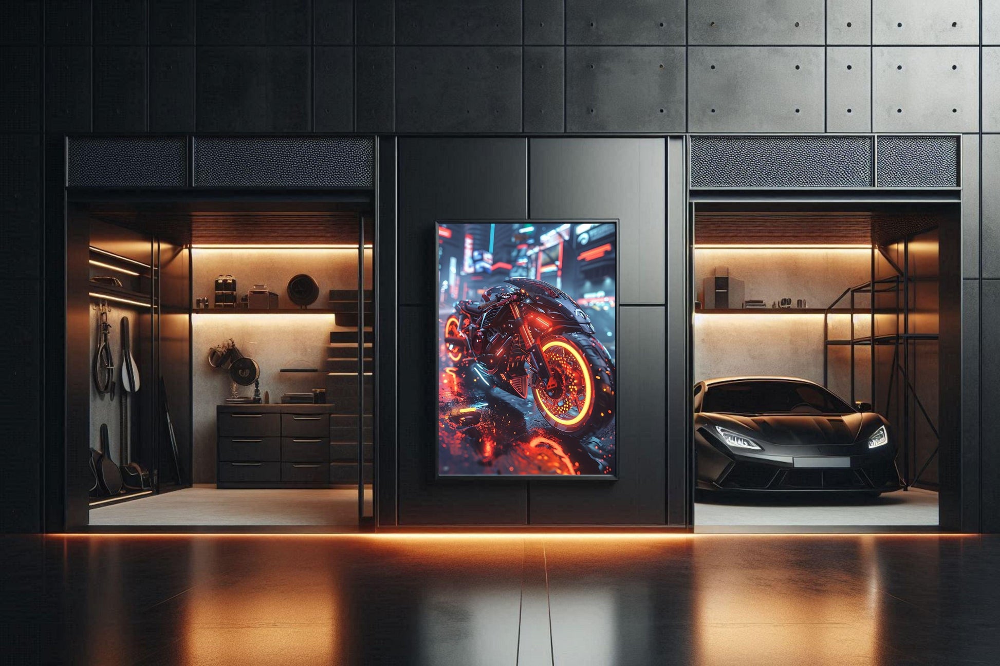 🏍️🏁🔧 Moto Cyberpunk Série futuriste #️⃣20  - (Affiche encadrée métal) - Aura Studio Déco