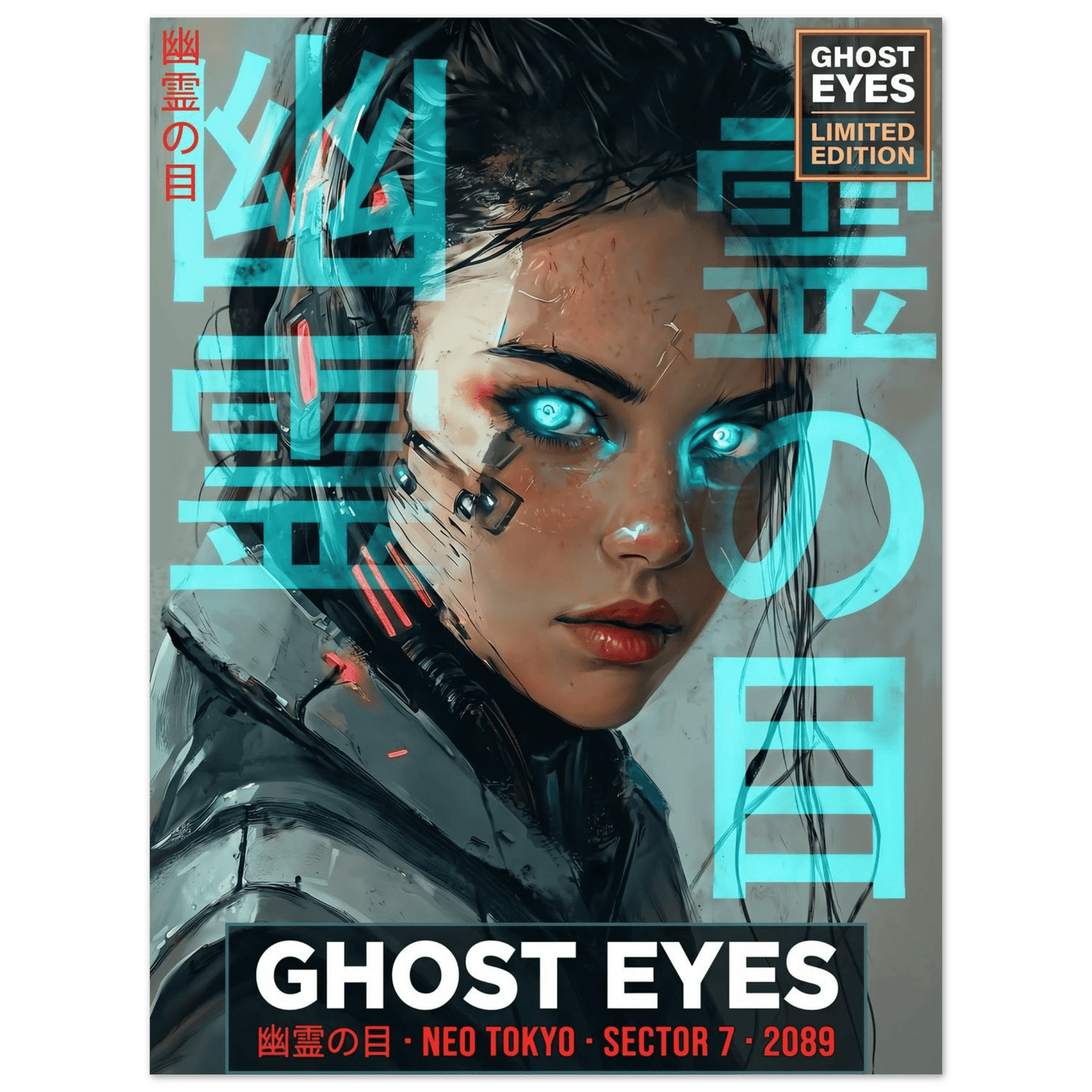 ☣️🧬 Série limitée Art Cyberpunk - Poster Cybergirl Ghost Eyes - Aura Studio Déco