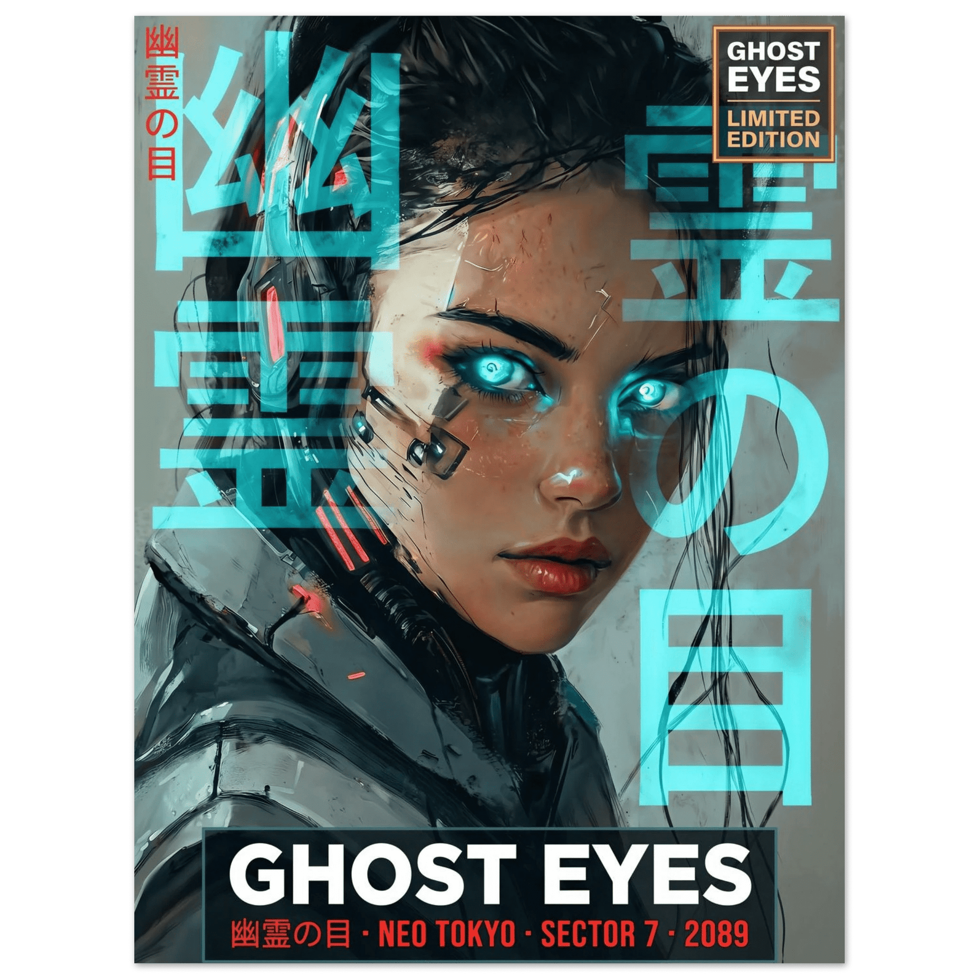 ☣️🧬 Série limitée Art Cyberpunk - Poster Cybergirl Ghost Eyes - Aura Studio Déco