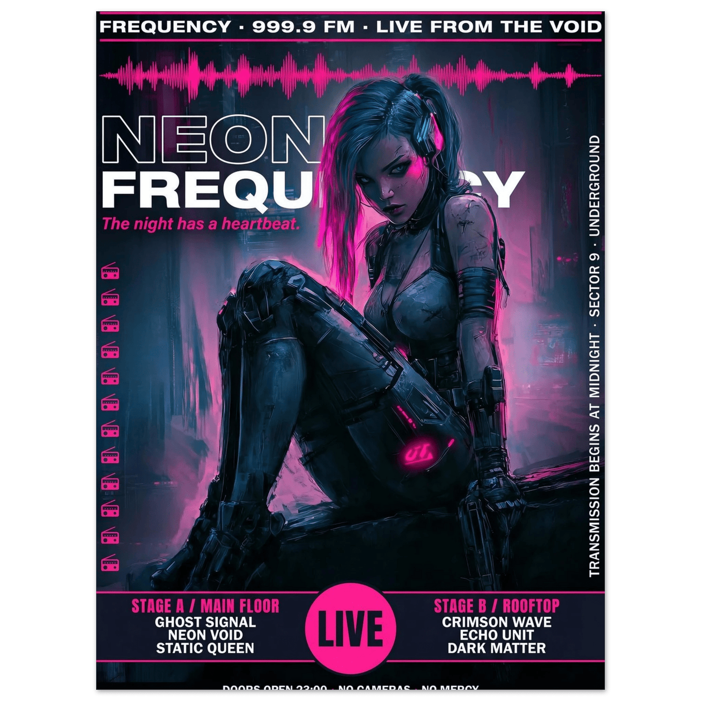 ☣️🧬 Série limitée Art Cyberpunk - Poster Cybergirl Neon Frequency - Aura Studio Déco