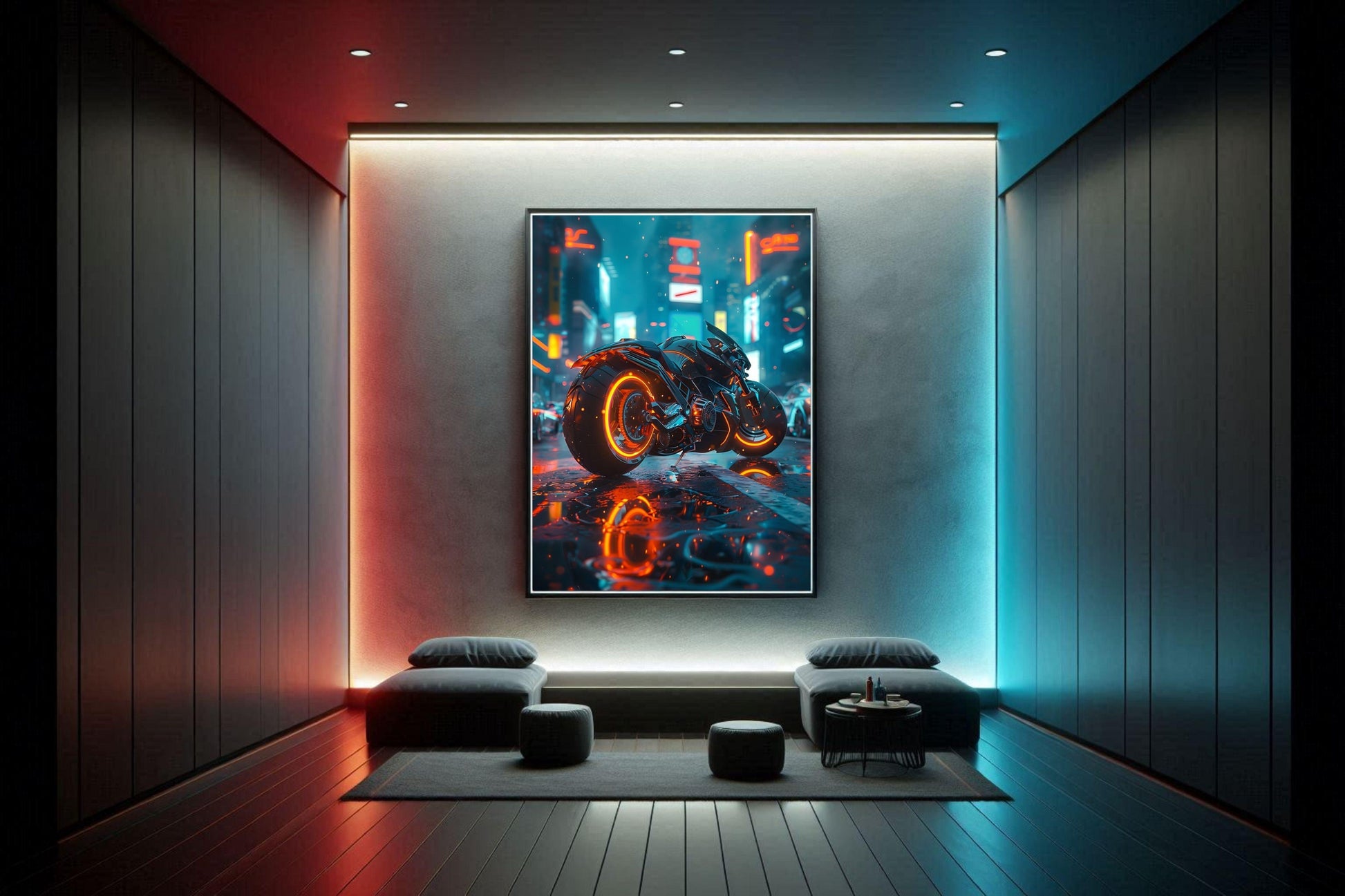 🏍️🏁🔧 Moto Cyberpunk Série futuriste #️⃣4  - (Affiche encadrée métal) - Aura Studio Déco