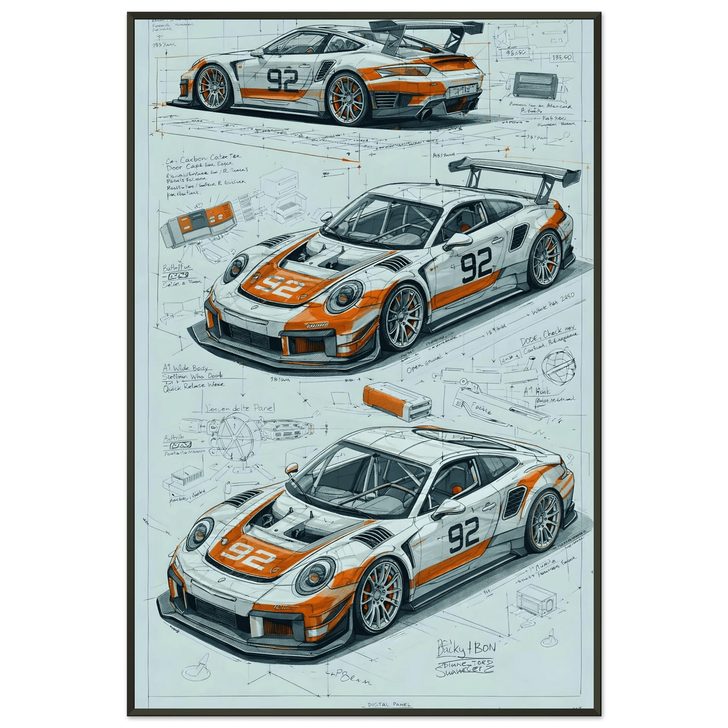 🏎️🏁Affiche Automobile Art' Sketch Encadrée - Aura Studio Déco