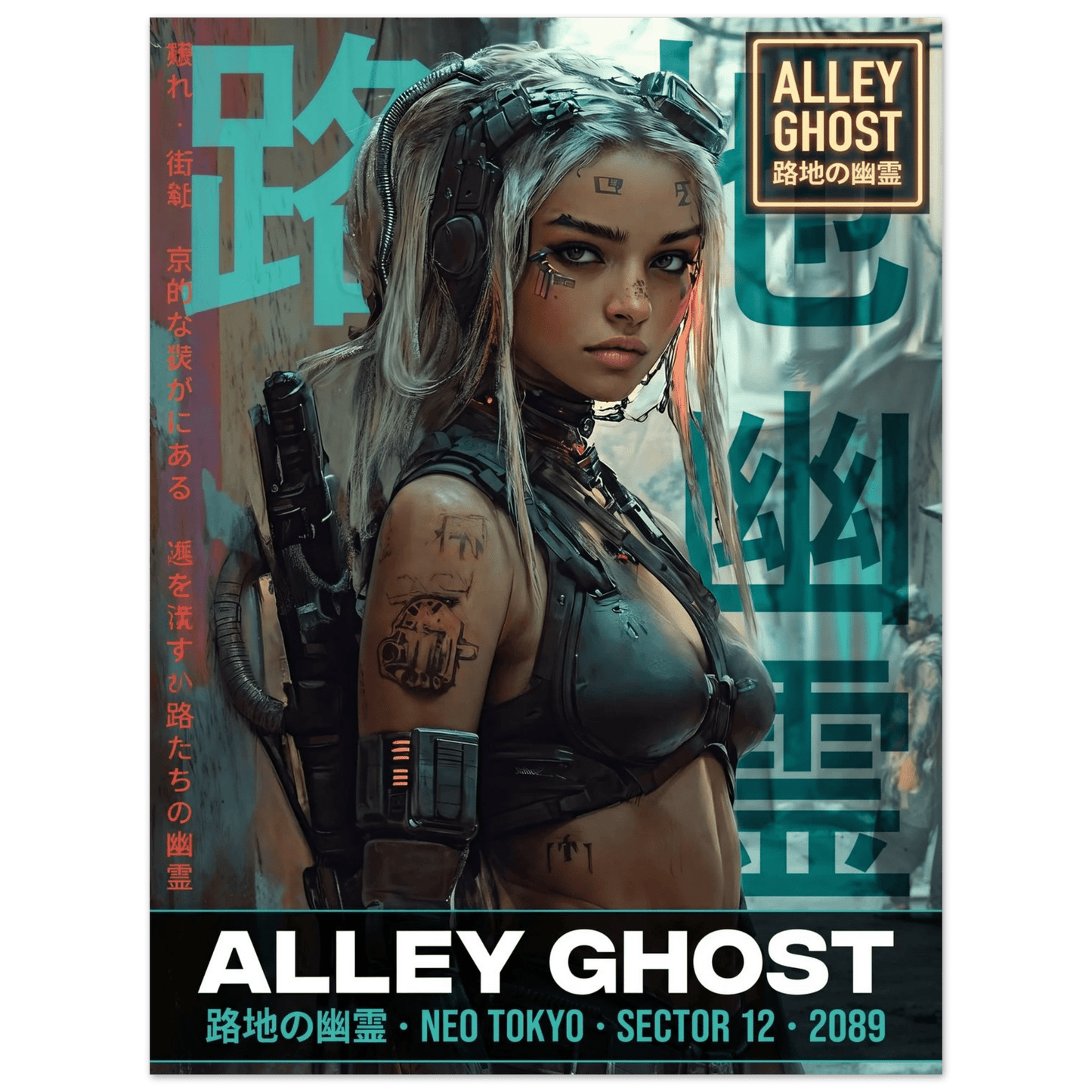 ☣️🧬 Série limitée Art Cyberpunk - Poster Cybergirl Alley Ghost - Aura Studio Déco