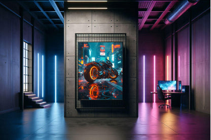 🏍️🏁🔧 Moto Cyberpunk Série futuriste #️⃣4  - (Affiche encadrée métal) - Aura Studio Déco
