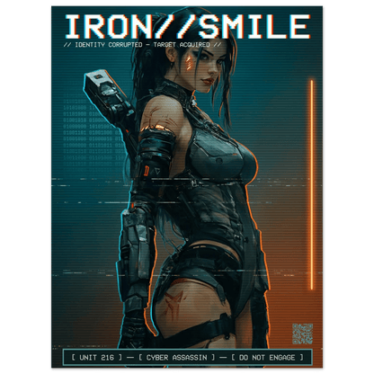 ☣️🧬 Série limitée Art Cyberpunk - Poster Cybergirl Iron Smile Neon - Aura Studio Déco
