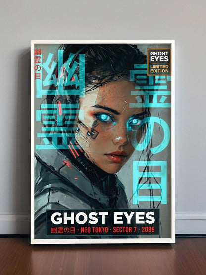 ☣️🧬 Série limitée Art Cyberpunk - Poster Cybergirl Ghost Eyes - Aura Studio Déco
