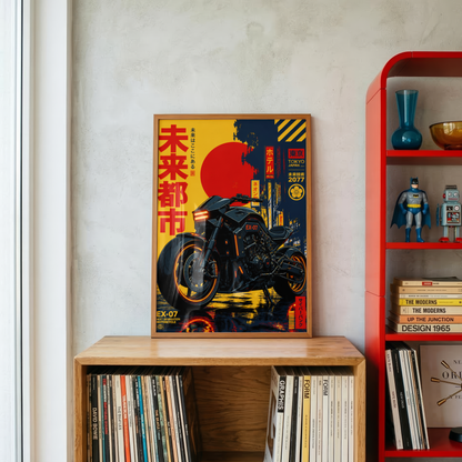 Cyberpunk Motorcycle Poster, Futuristic Tokyo Bike Wall Art, Black Neon Motorcycle Print, Japanese Retro Future Garage Decor