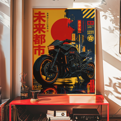 Cyberpunk Motorcycle Poster, Futuristic Tokyo Bike Wall Art, Black Neon Motorcycle Print, Japanese Retro Future Garage Decor