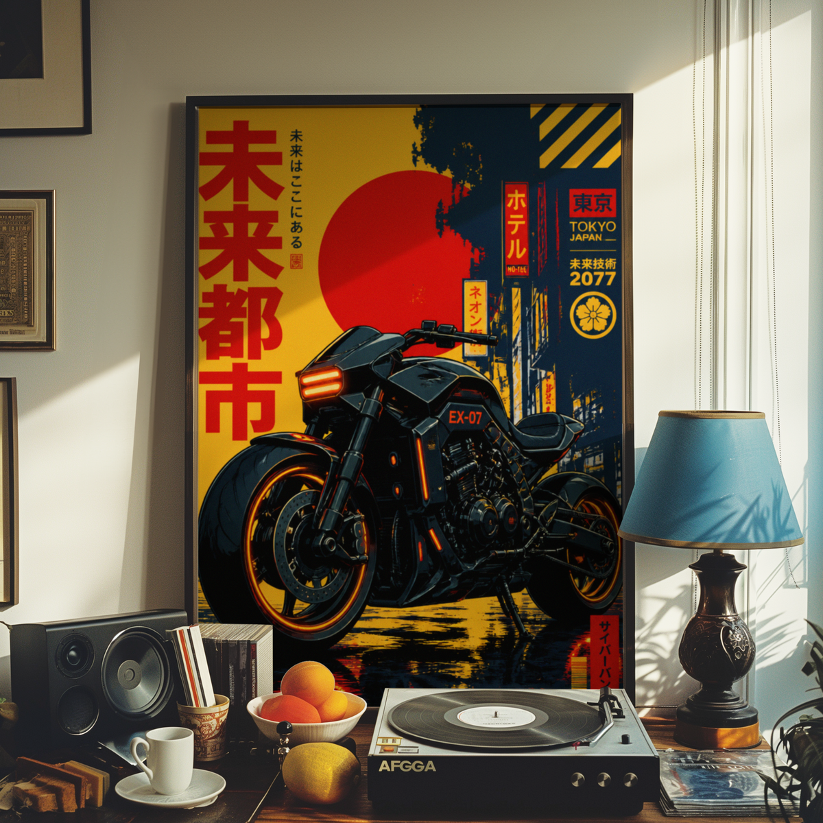 Cyberpunk Motorcycle Poster, Futuristic Tokyo Bike Wall Art, Black Neon Motorcycle Print, Japanese Retro Future Garage Decor