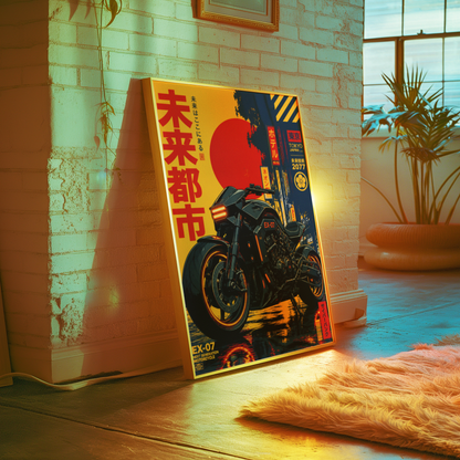 Cyberpunk Motorcycle Poster, Futuristic Tokyo Bike Wall Art, Black Neon Motorcycle Print, Japanese Retro Future Garage Decor