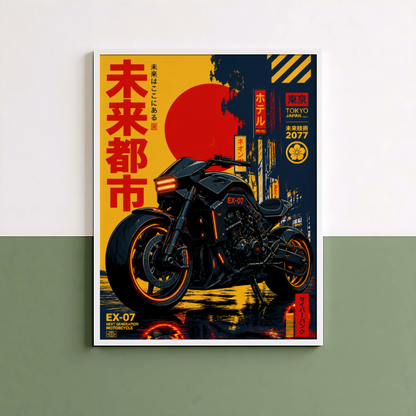Cyberpunk Motorcycle Poster, Futuristic Tokyo Bike Wall Art, Black Neon Motorcycle Print, Japanese Retro Future Garage Decor