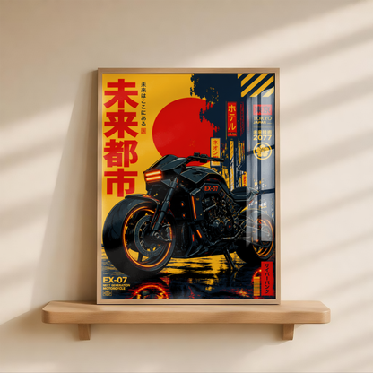 Cyberpunk Motorcycle Poster, Futuristic Tokyo Bike Wall Art, Black Neon Motorcycle Print, Japanese Retro Future Garage Decor