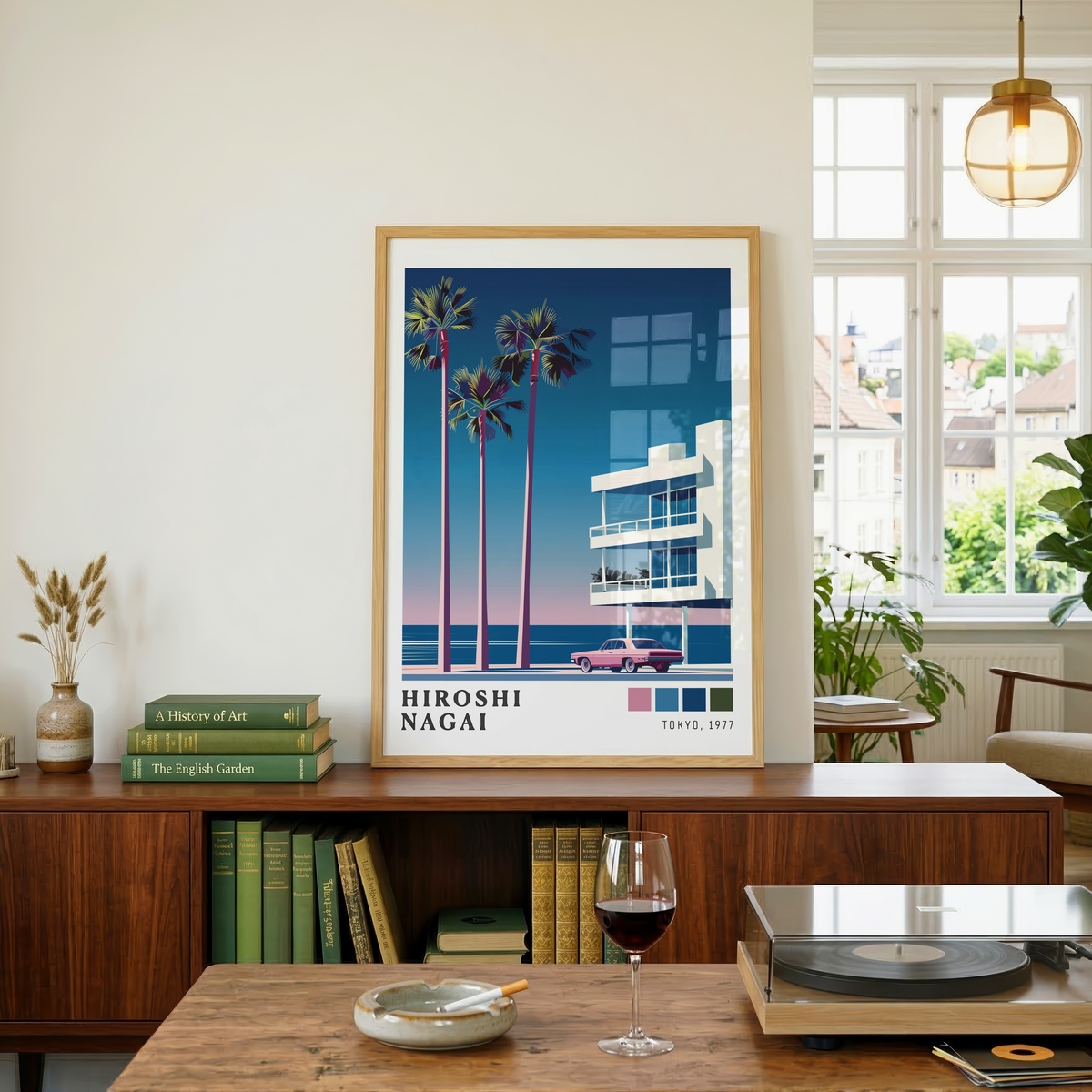 Affiche Hiroshi Nagai | Plage, Palmier & Voiture Rose