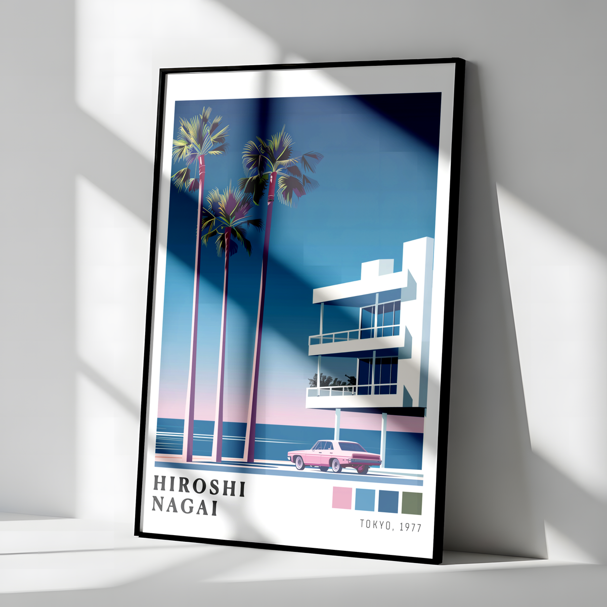 Affiche Hiroshi Nagai | Plage, Palmier & Voiture Rose
