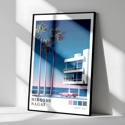 Affiche Hiroshi Nagai | Plage, Palmier & Voiture Rose