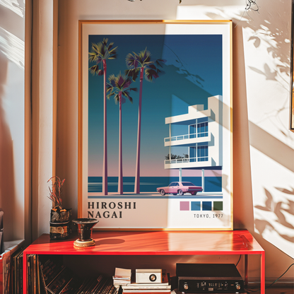 Affiche Hiroshi Nagai | Plage, Palmier & Voiture Rose