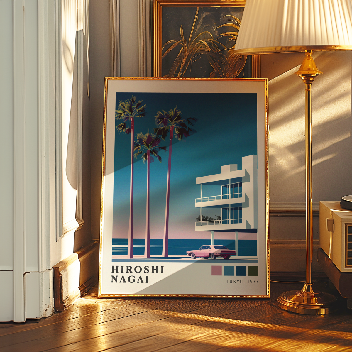 Affiche Hiroshi Nagai | Plage, Palmier & Voiture Rose
