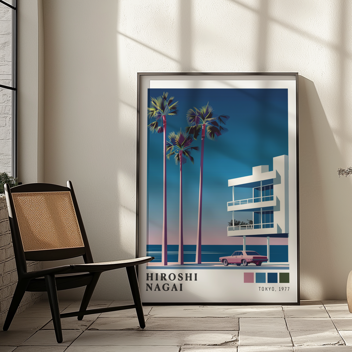Affiche Hiroshi Nagai | Plage, Palmier & Voiture Rose