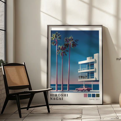 Affiche Hiroshi Nagai | Plage, Palmier & Voiture Rose