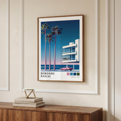 Affiche Hiroshi Nagai | Plage, Palmier & Voiture Rose