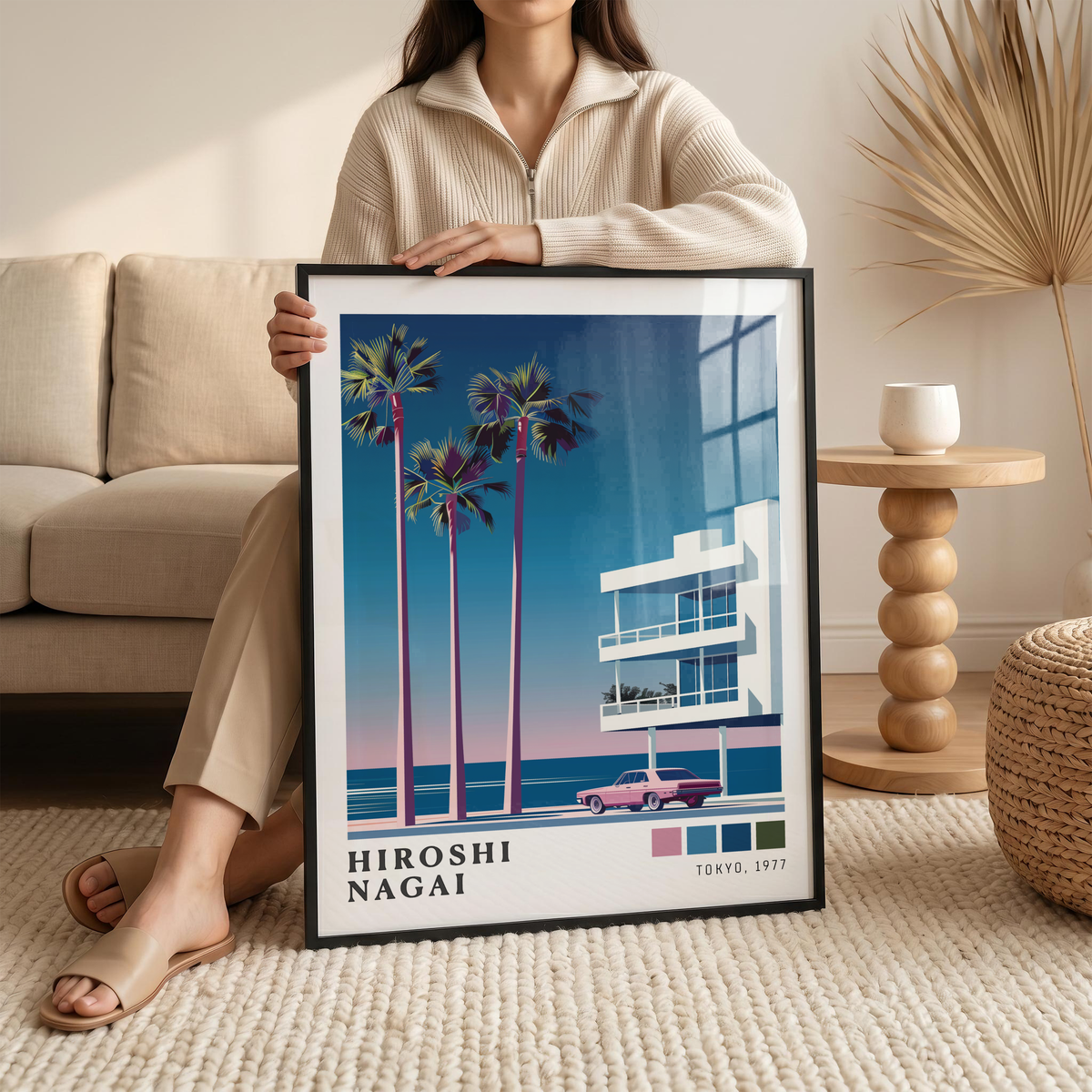 Affiche Hiroshi Nagai | Plage, Palmier & Voiture Rose