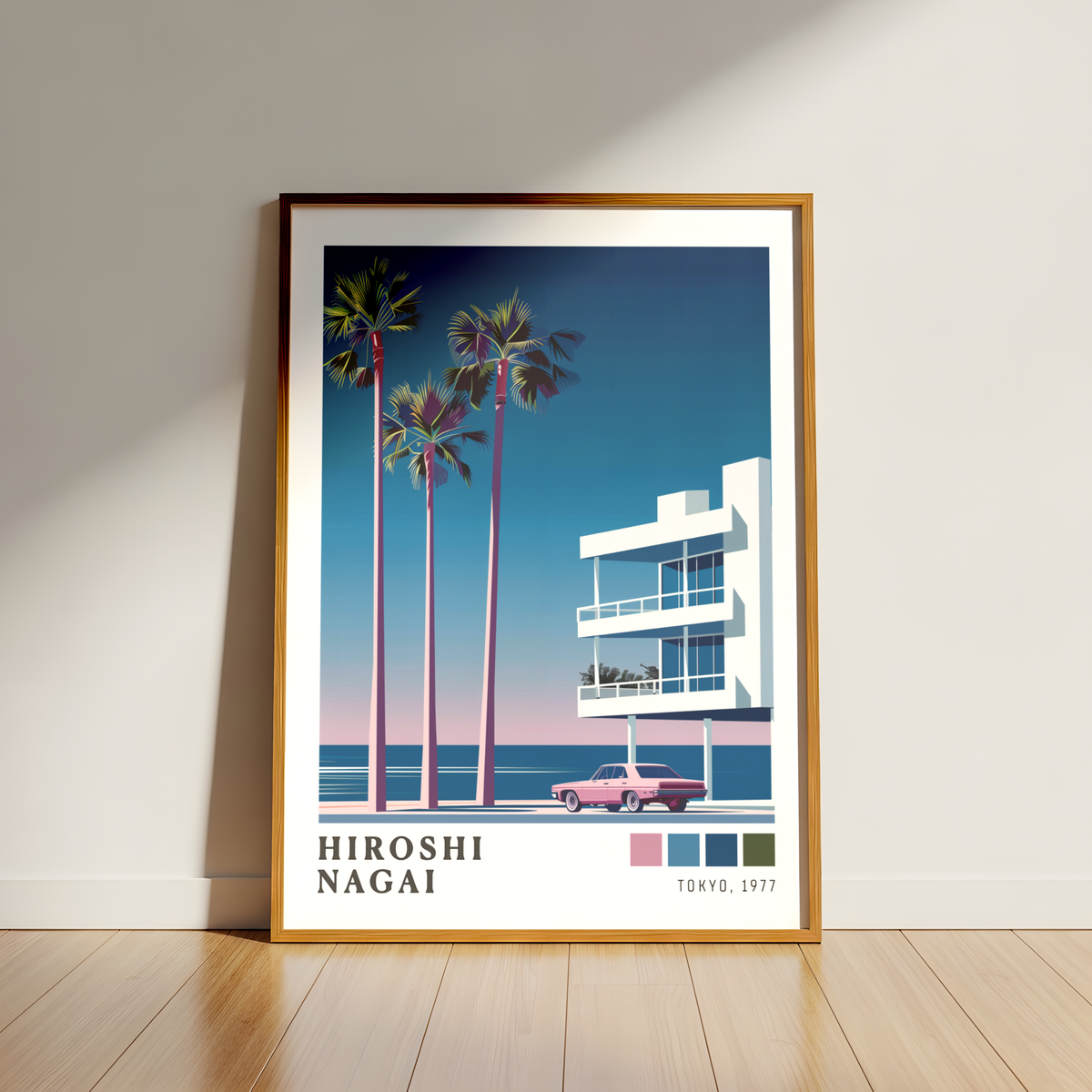 Affiche Hiroshi Nagai | Plage, Palmier & Voiture Rose