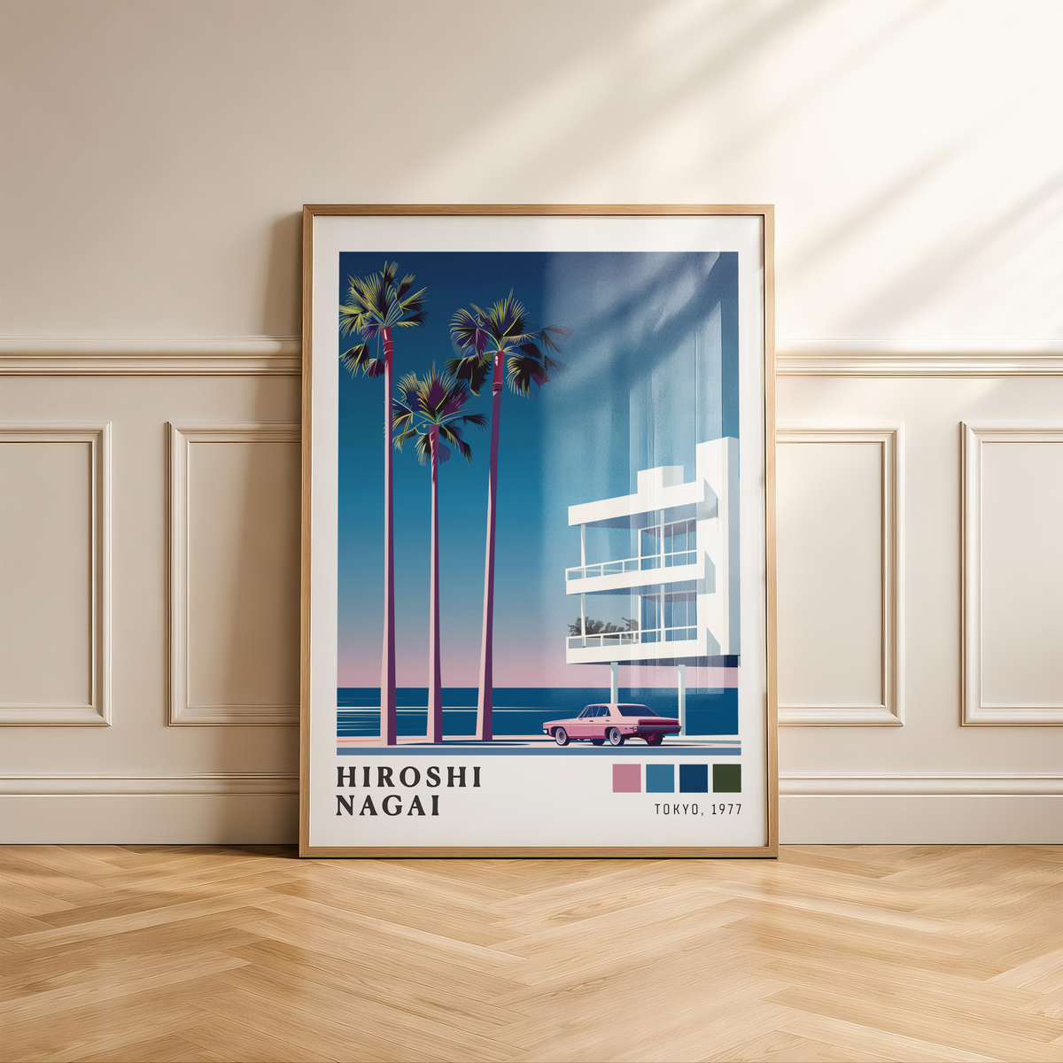 Affiche Hiroshi Nagai | Plage, Palmier & Voiture Rose