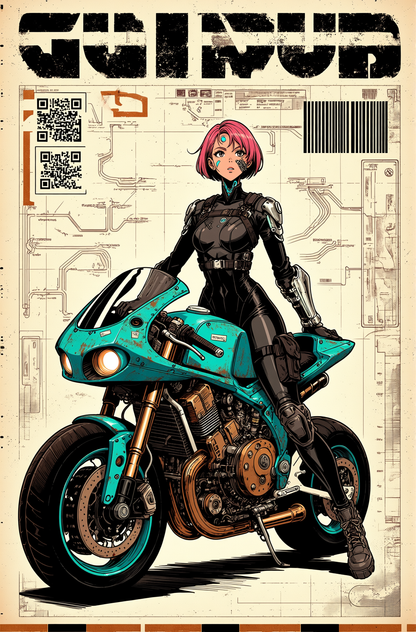 Affiche cyberpunk motarde #4 – art digital cyberpunk
