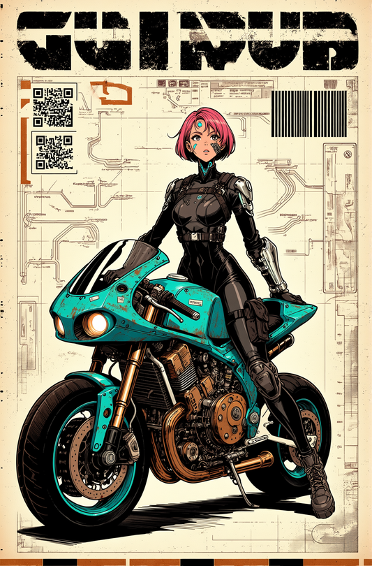 Affiche cyberpunk motarde #4 – art digital cyberpunk