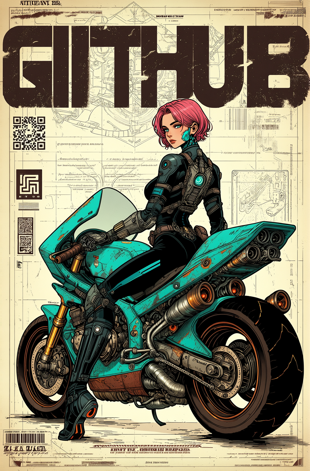 Motarde dans un univers cyberpunk futuriste, fusionnant technologie avancée et style urbain moderne