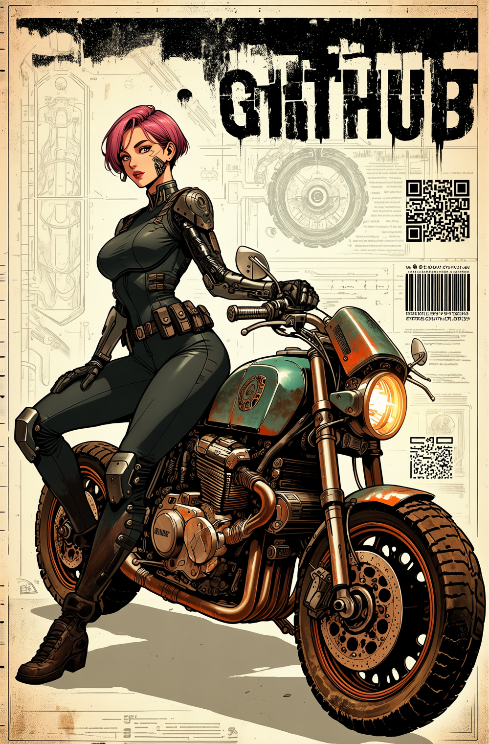 Affiche cyberpunk motarde #3 – poster sci-fi féminin
