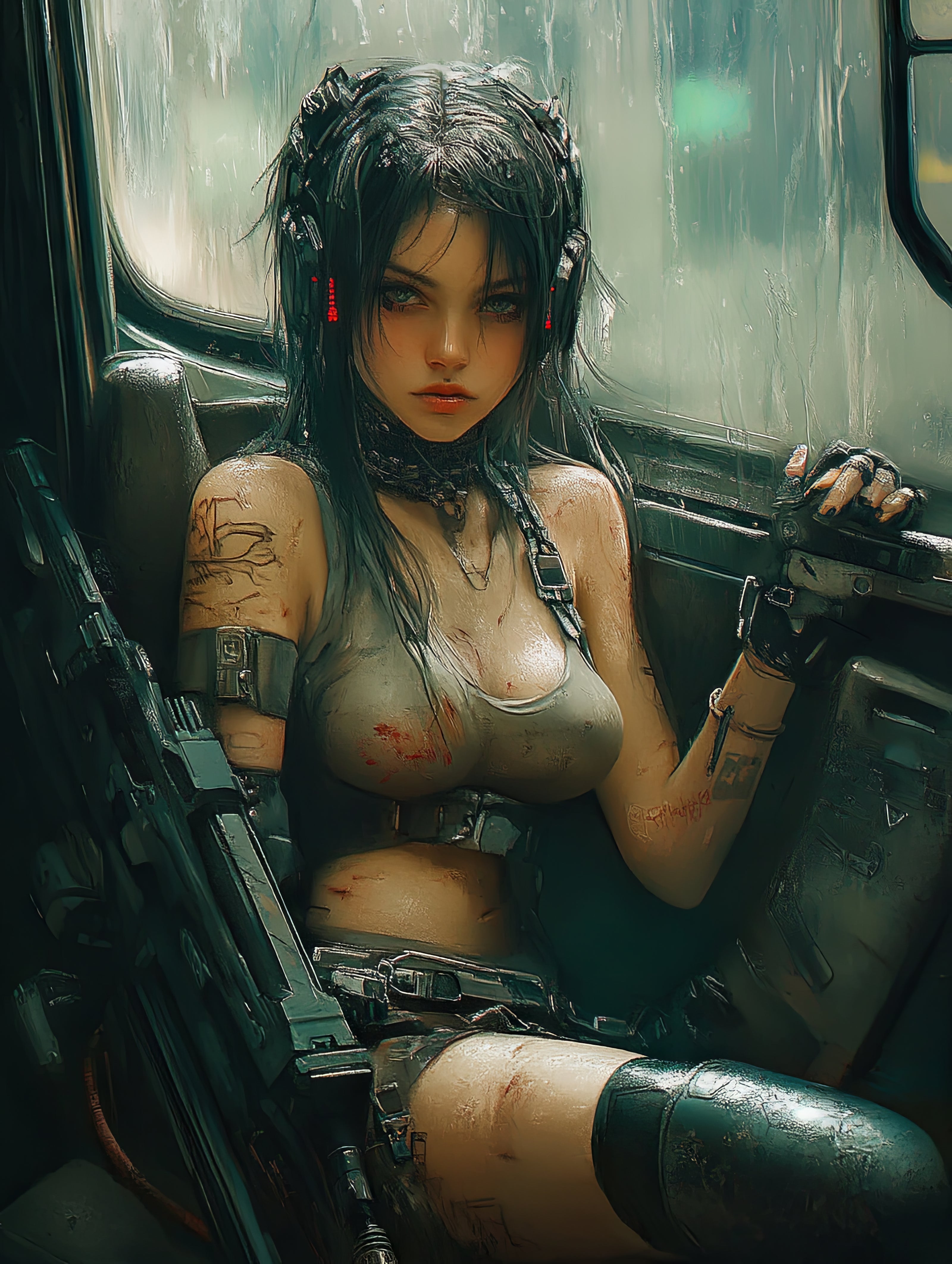 cyberpunk warrior woman in futuristic armor holding rifle, sci-fi art poster