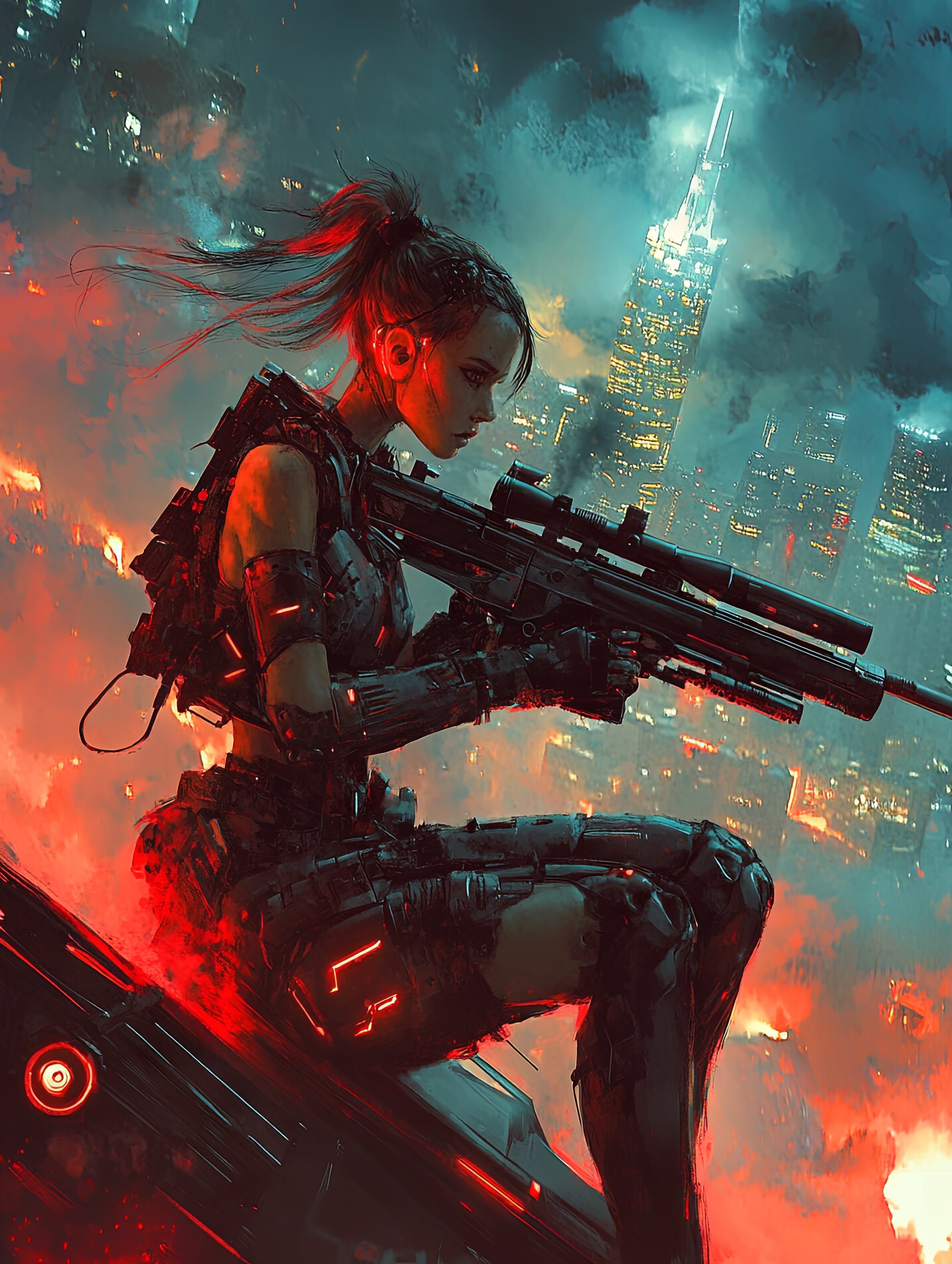 Cyberpunk warrior woman in futuristic armor with rifle, neon cityscape background, red lighting.