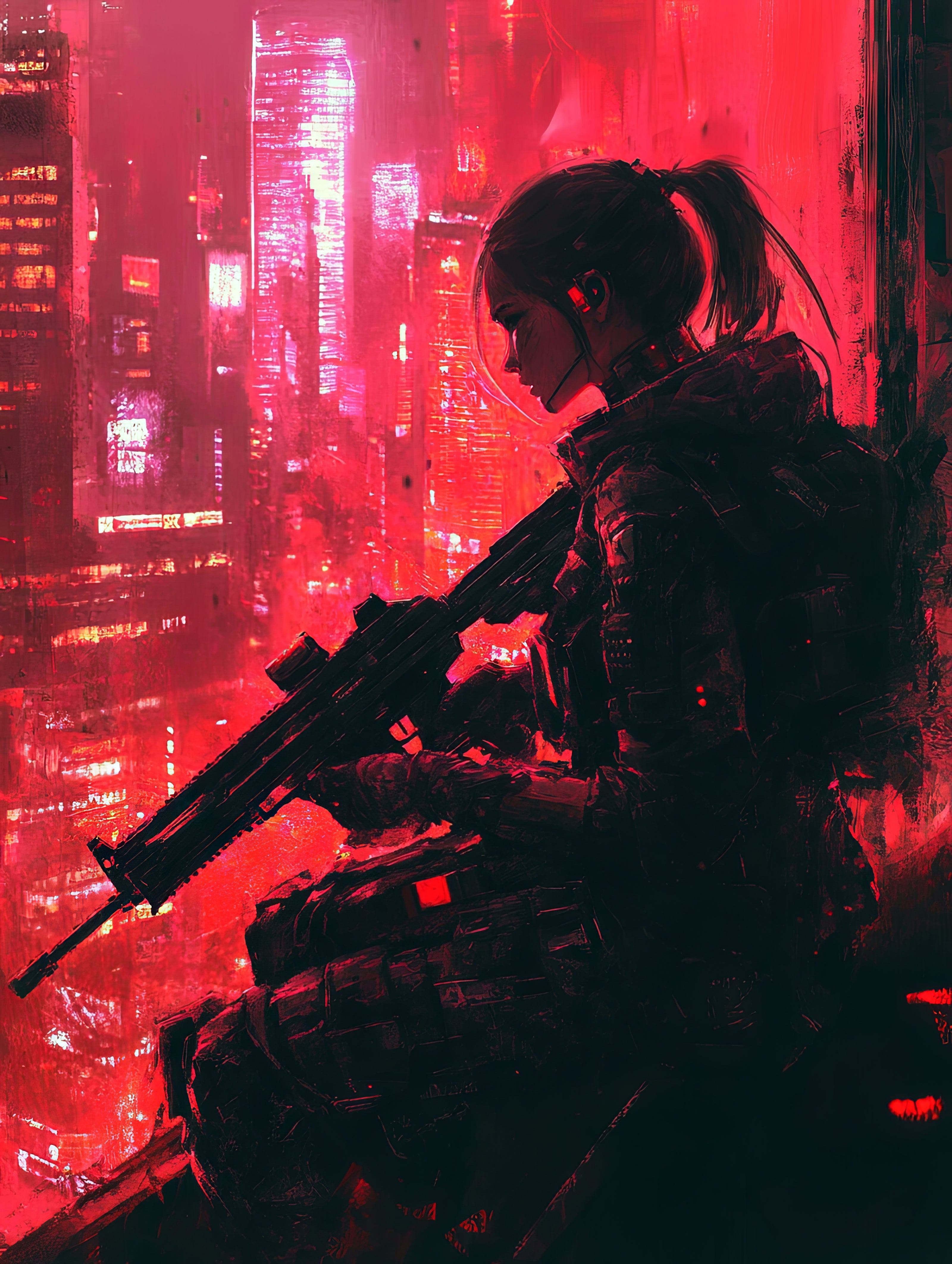 Cyberpunk warrior girl with rifle overlooking neon-lit futuristic city at night, vibrant red tones