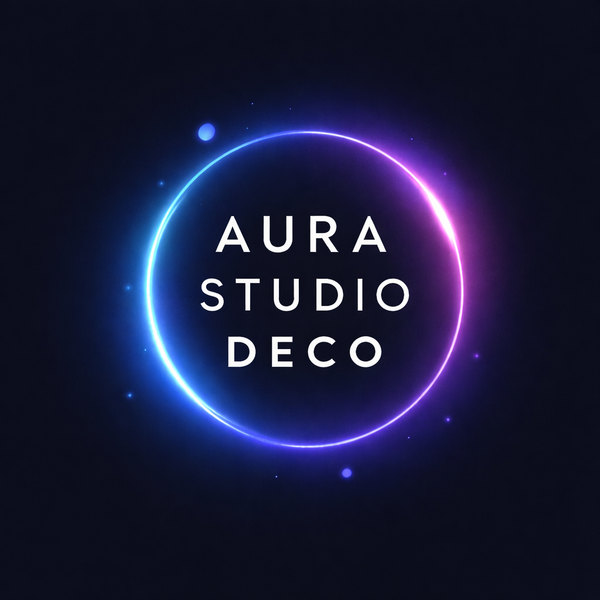 Glowing neon circle with Aura Studio Deco text on dark background, cyberpunk logo style.
