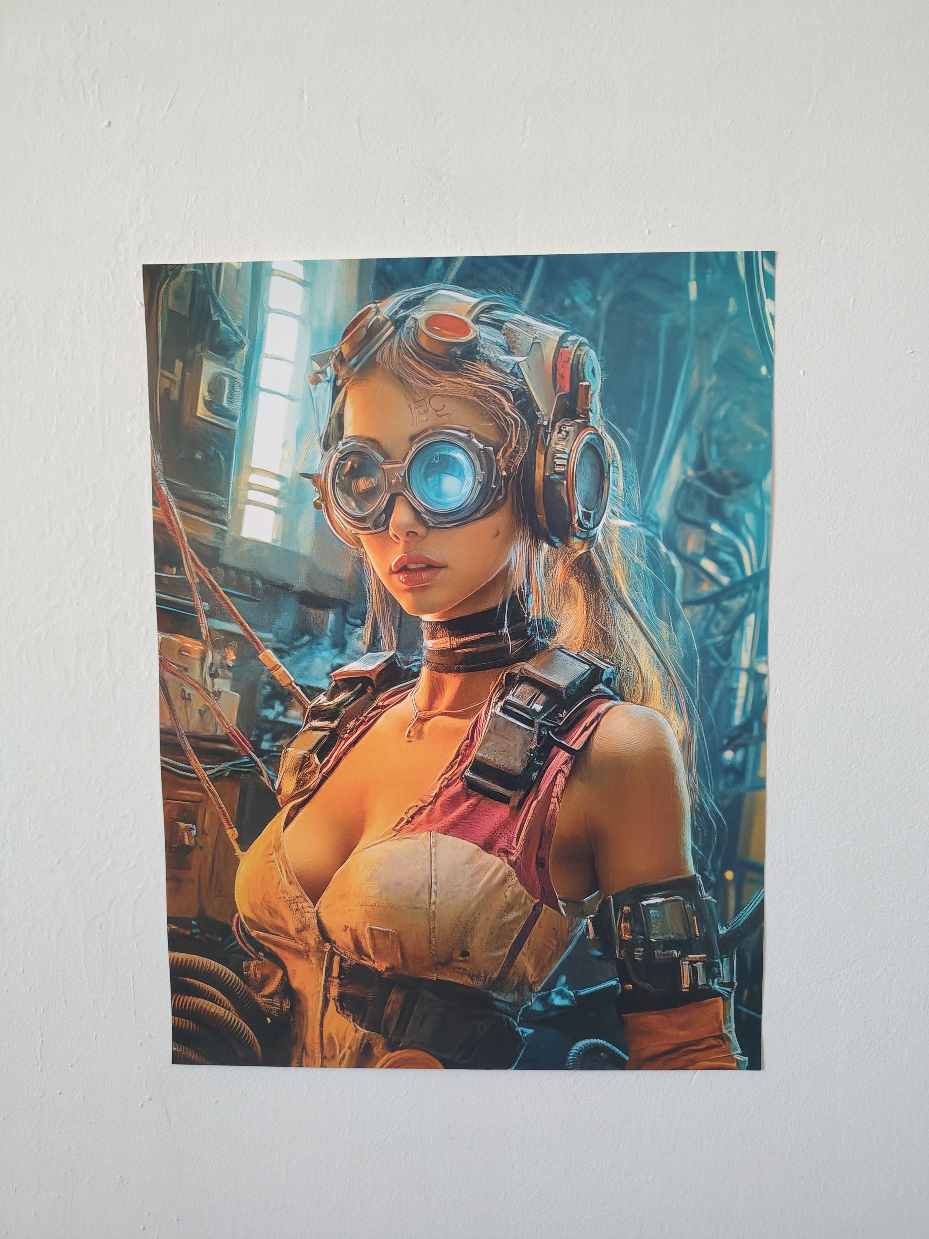 Cyberpunk art poster of woman in futuristic goggles, neon and industrial background